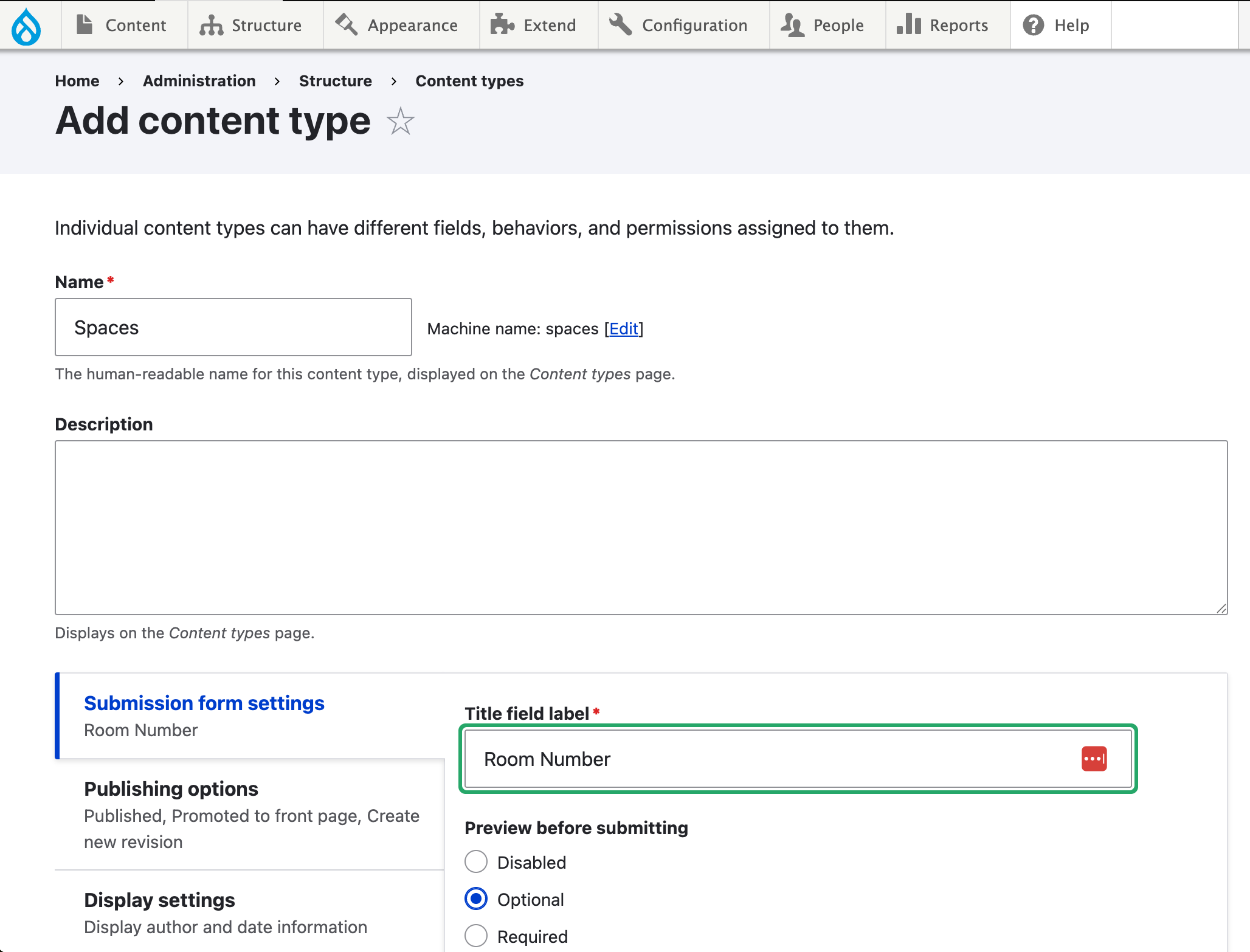Drupal interface to adding a content type
