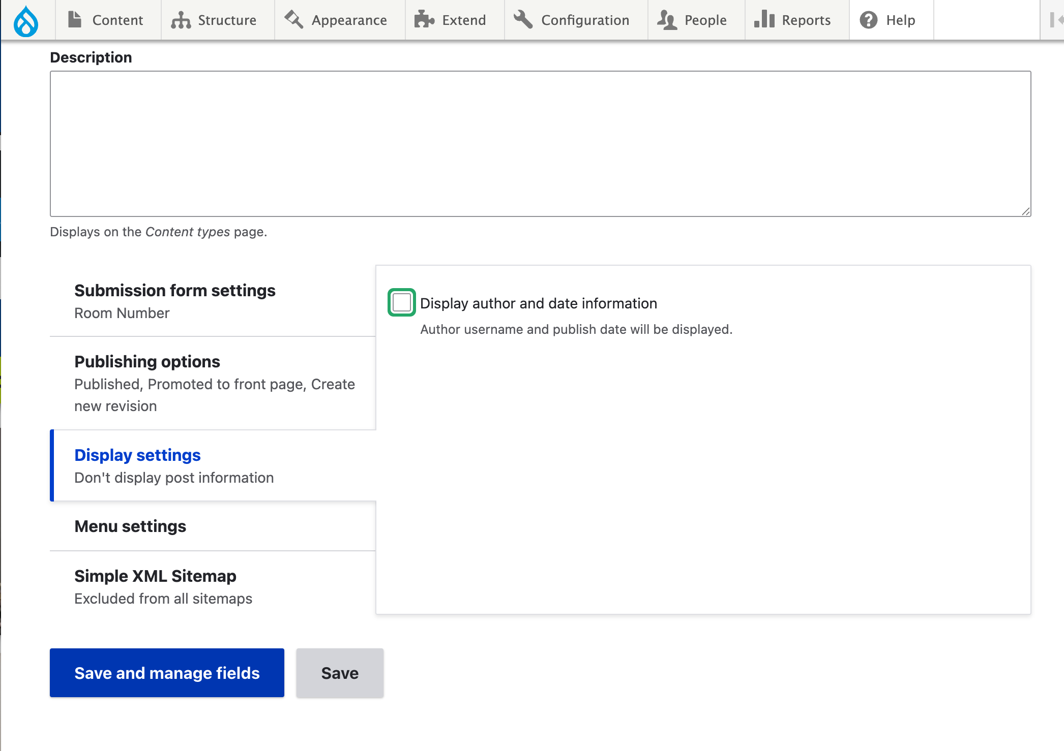 Drupal interface to Display options for a content type