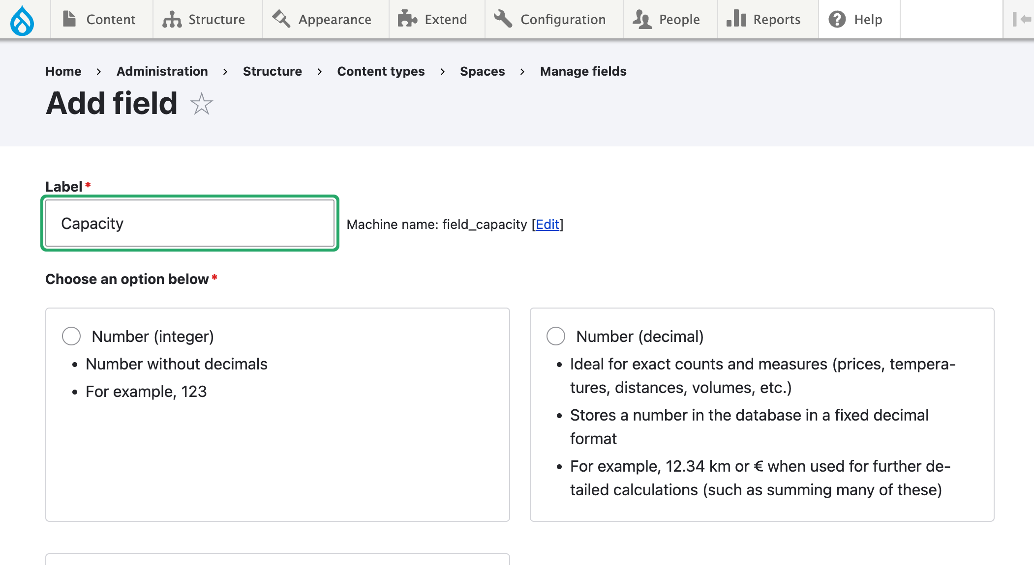 Drupal interface to add a number field